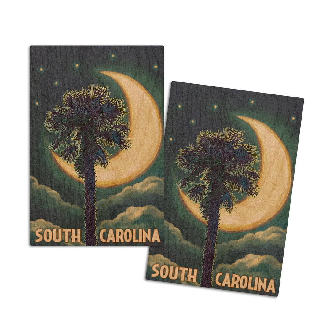 South Carolina, Palmetto Moon & Palm, Lantern Press Artwork, Wood Signs and Postcards Wood Lantern Press 4x6 Wood Postcard Set 