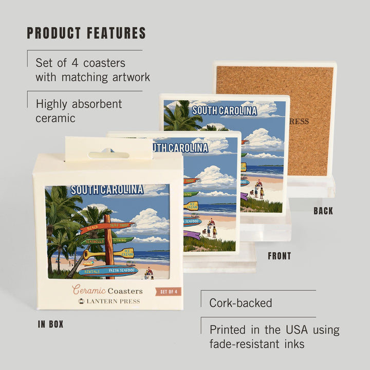 South Carolina, Signpost, Coast Beach with Palms, Coasters Coasters Lantern Press 