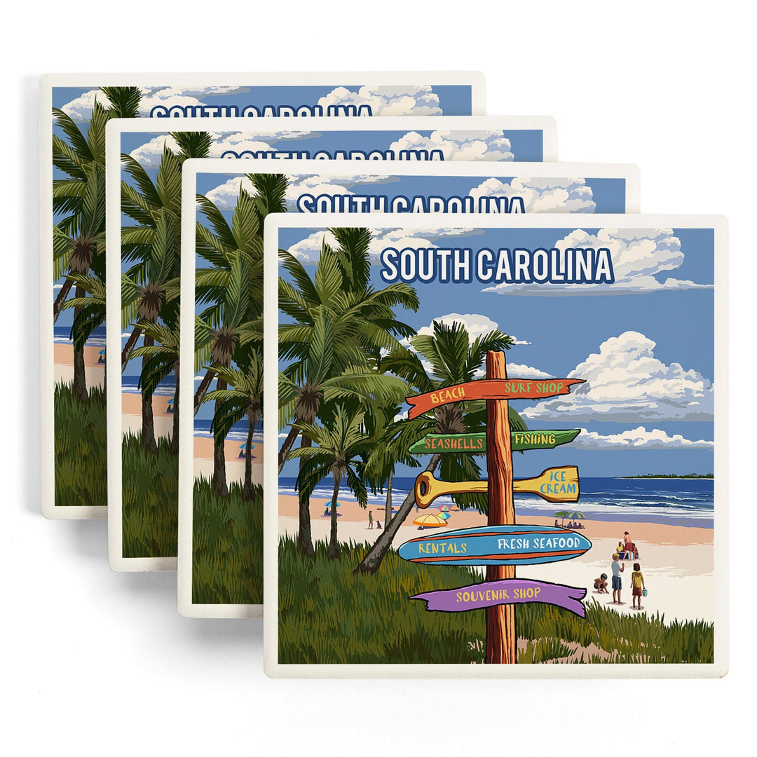 South Carolina, Signpost, Coast Beach with Palms, Coasters Coasters Lantern Press 