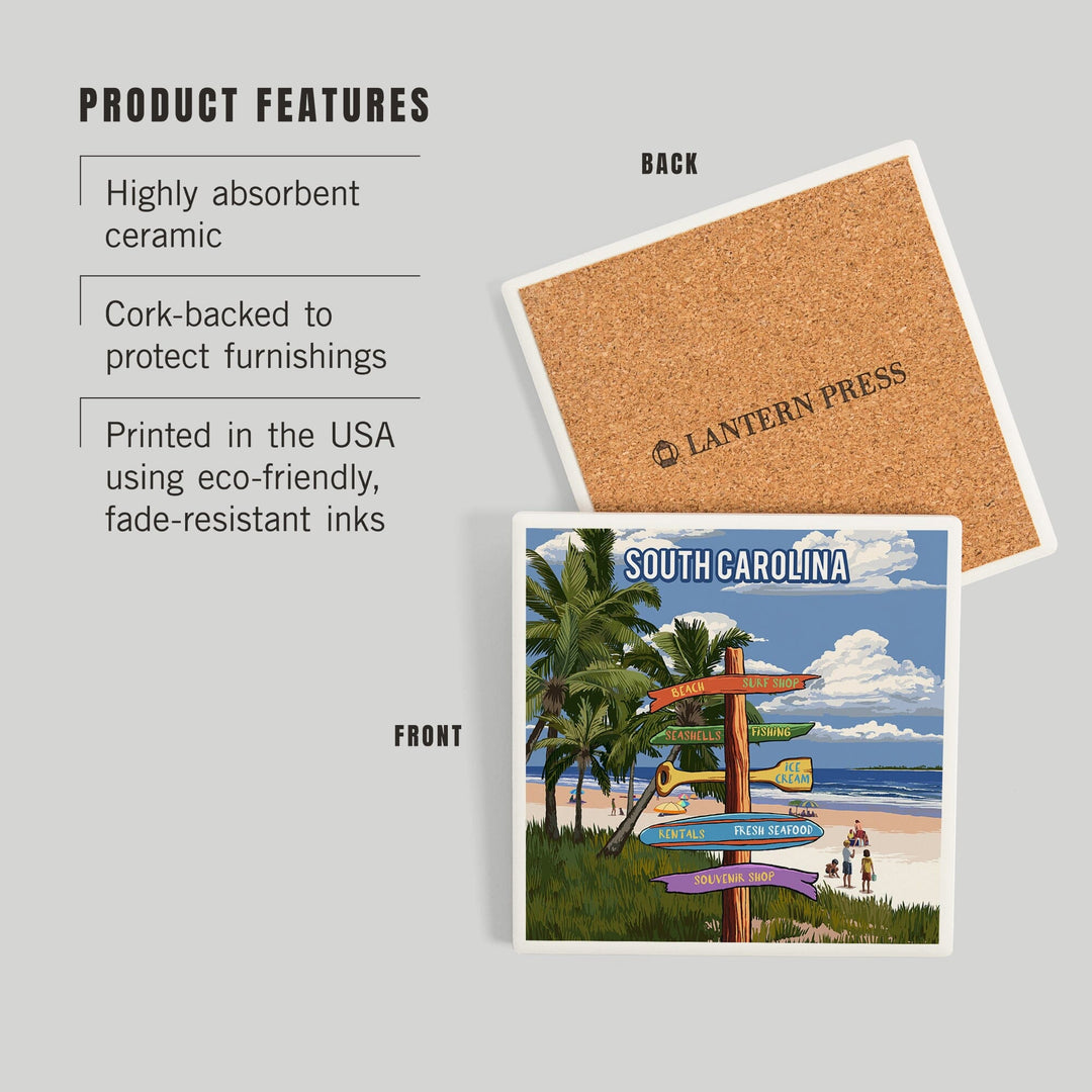 South Carolina, Signpost, Coast Beach with Palms, Coasters Coasters Lantern Press 