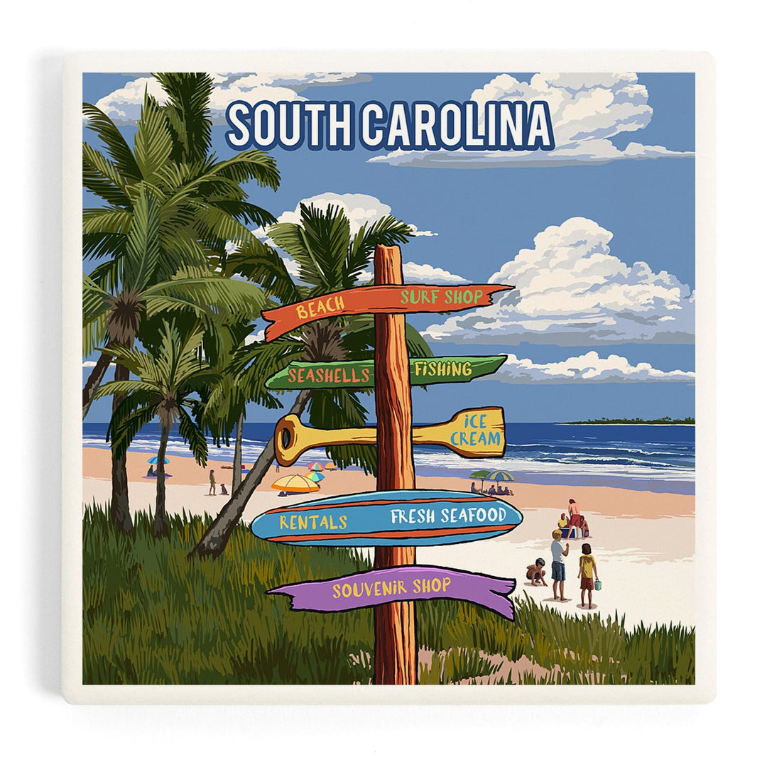 South Carolina, Signpost, Coast Beach with Palms, Coasters Coasters Lantern Press Coaster 