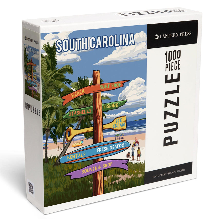 South Carolina, Signpost, Coast Beach with Palms, Jigsaw Puzzle Puzzle Lantern Press 