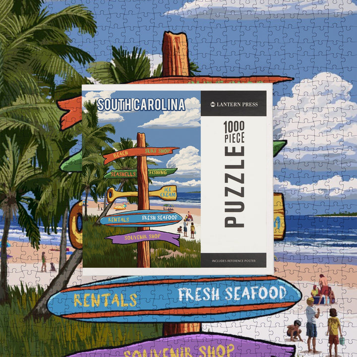 South Carolina, Signpost, Coast Beach with Palms, Jigsaw Puzzle Puzzle Lantern Press 