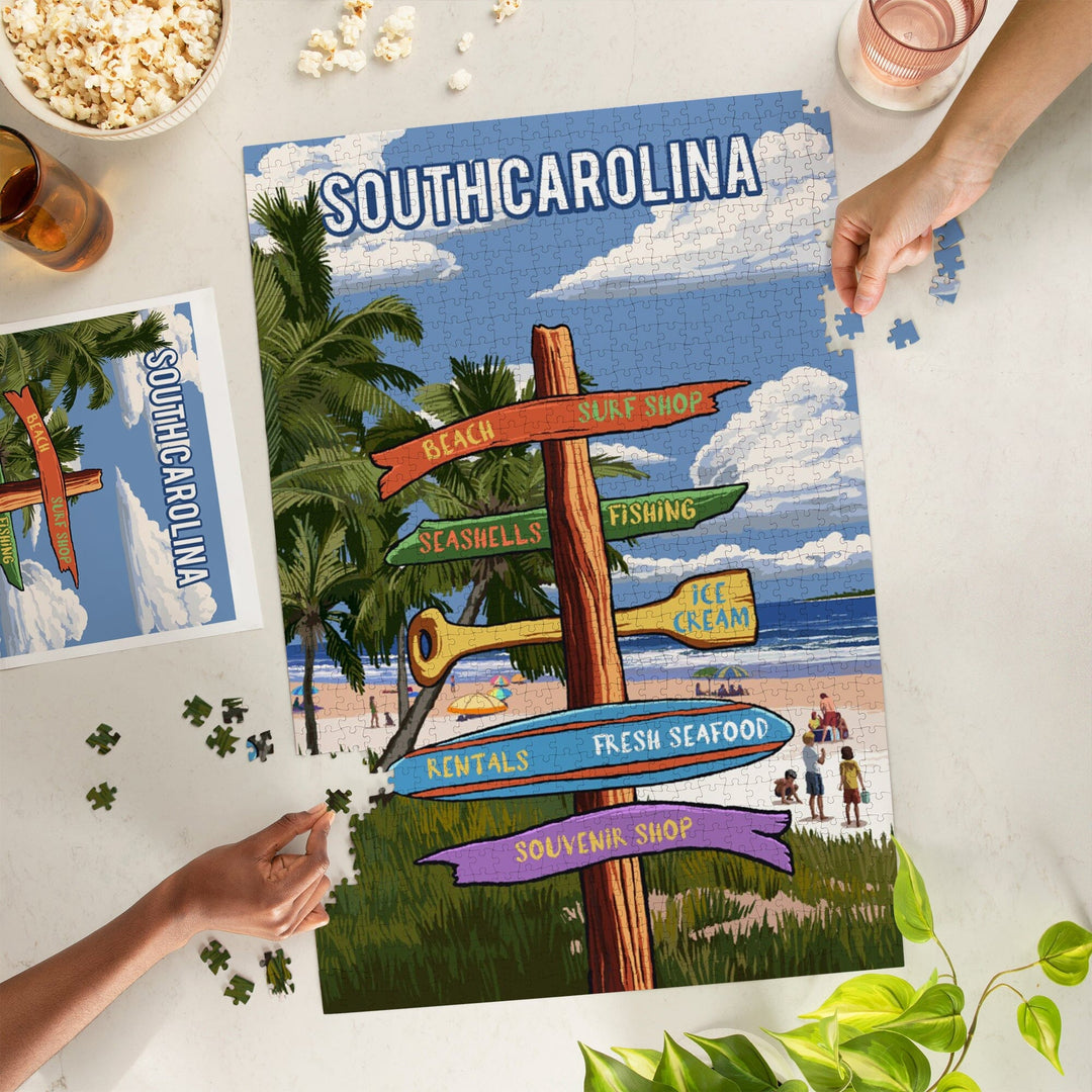 South Carolina, Signpost, Coast Beach with Palms, Jigsaw Puzzle Puzzle Lantern Press 