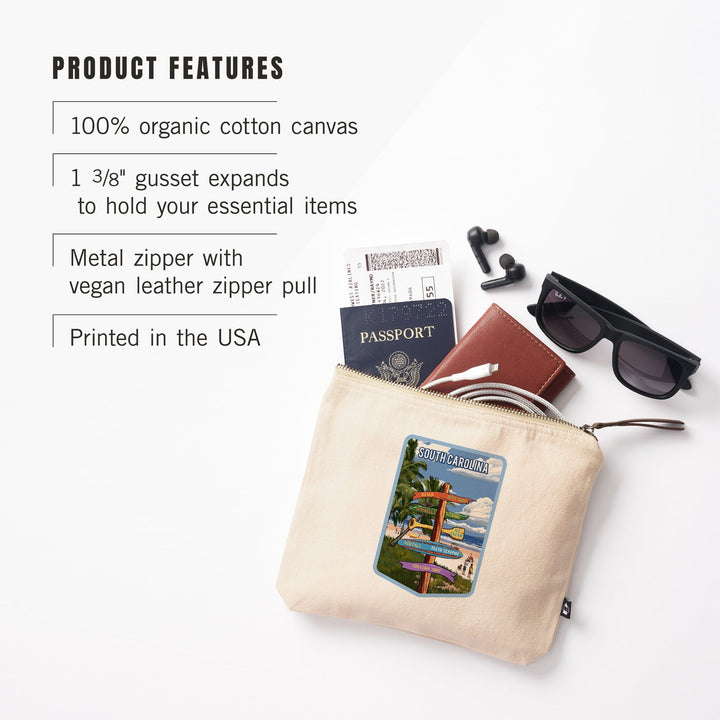 South Carolina, Signpost, Coast Beach with Palms,, Organic Cotton Zipper Pouch, Go Bag Totes Lantern Press 
