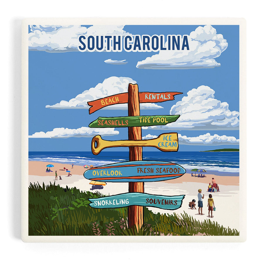 South Carolina, Signpost, Coast Beach with Umbrellas, Coasters Coasters Lantern Press 
