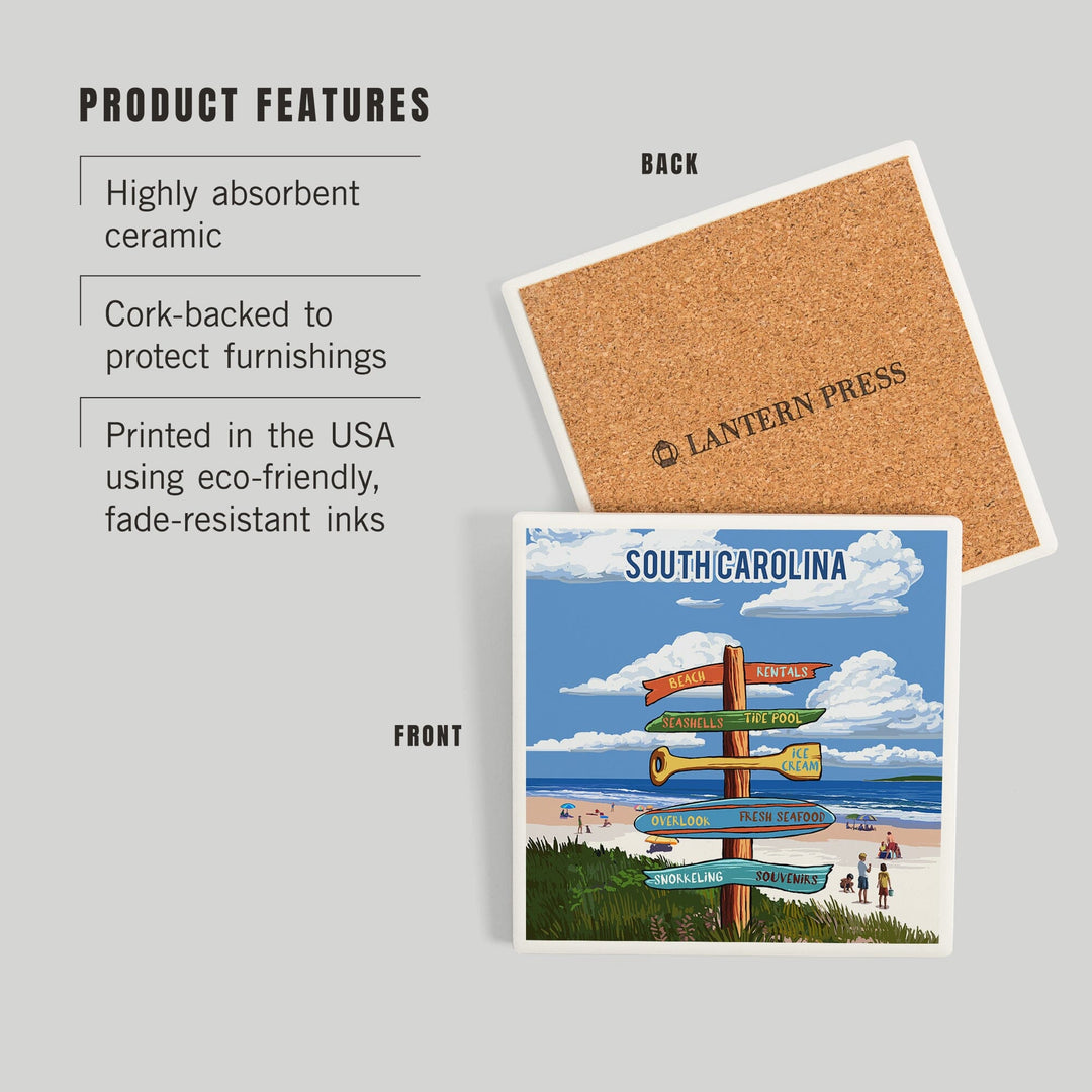 South Carolina, Signpost, Coast Beach with Umbrellas, Coasters Coasters Lantern Press 