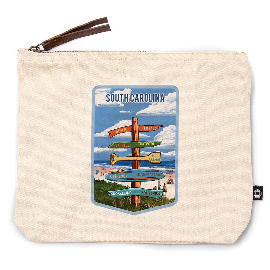 South Carolina, Signpost, Coast Beach with Umbrellas,, Organic Cotton Zipper Pouch, Go Bag Totes Lantern Press 