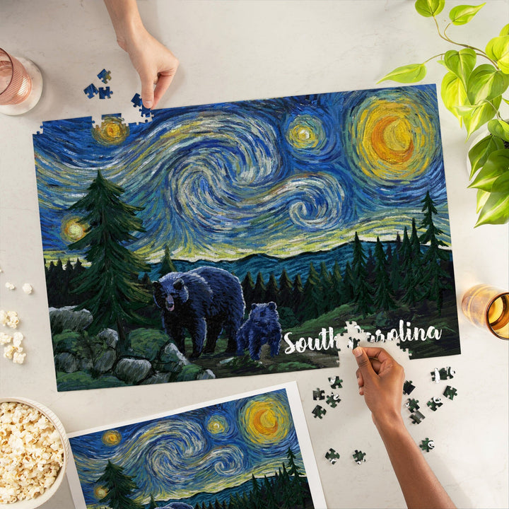 South Carolina, Starry Night, Bear and Cub, Jigsaw Puzzle Puzzle Lantern Press 