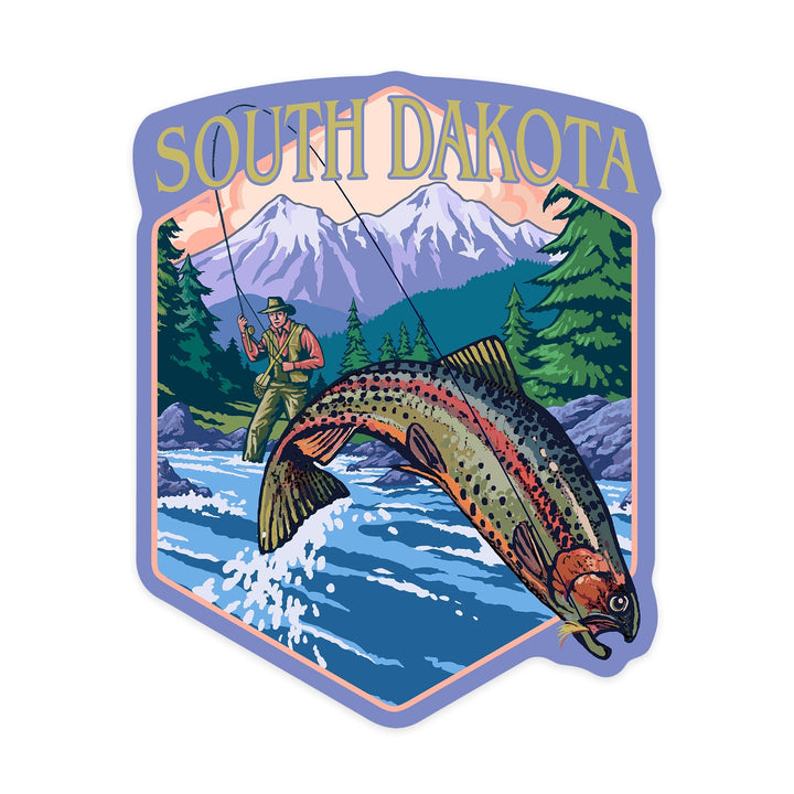 South Dakota, Fly Fisherman, Contour, Vinyl Sticker Sticker Lantern Press 