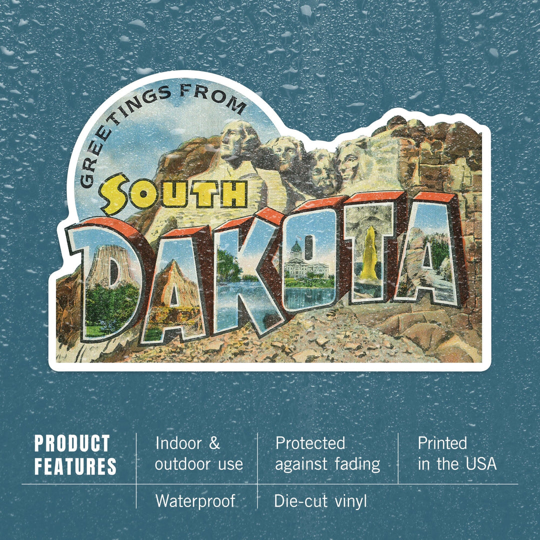 South Dakota, Greetings, Large Letter Scenes, Halftone, Contour, Vintage Postcard, Vinyl Sticker Sticker Lantern Press 