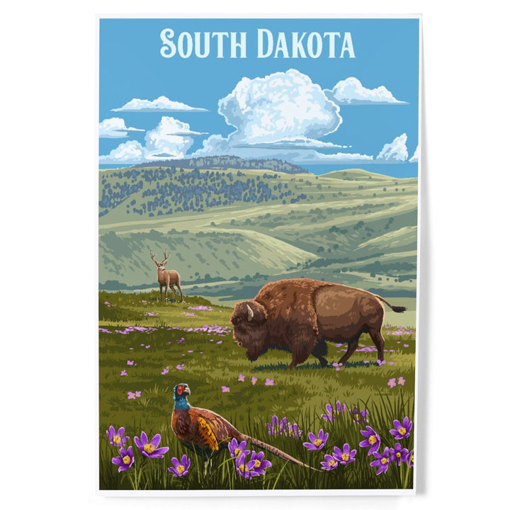 South Dakota, Painterly, Bison and Pheasant, Art & Giclee Prints Art Lantern Press 