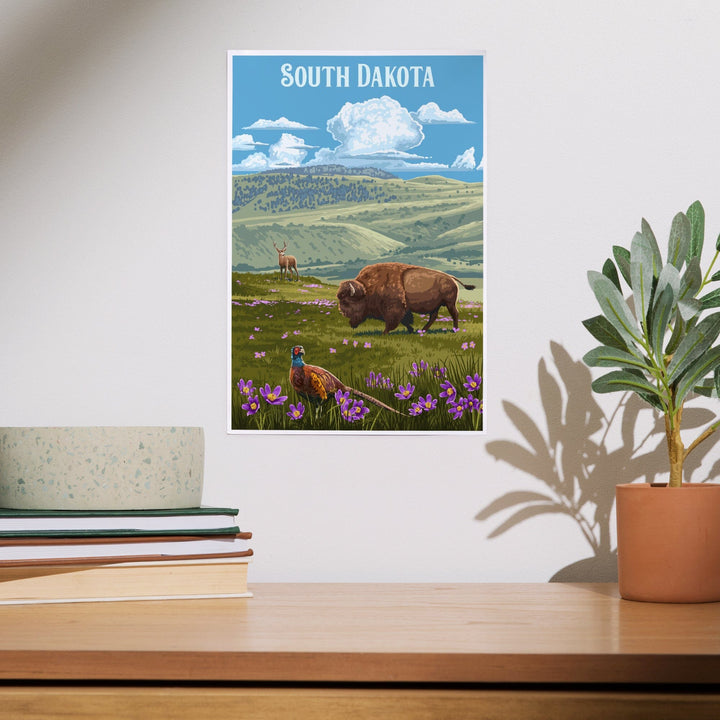 South Dakota, Painterly, Bison and Pheasant, Art & Giclee Prints Art Lantern Press 