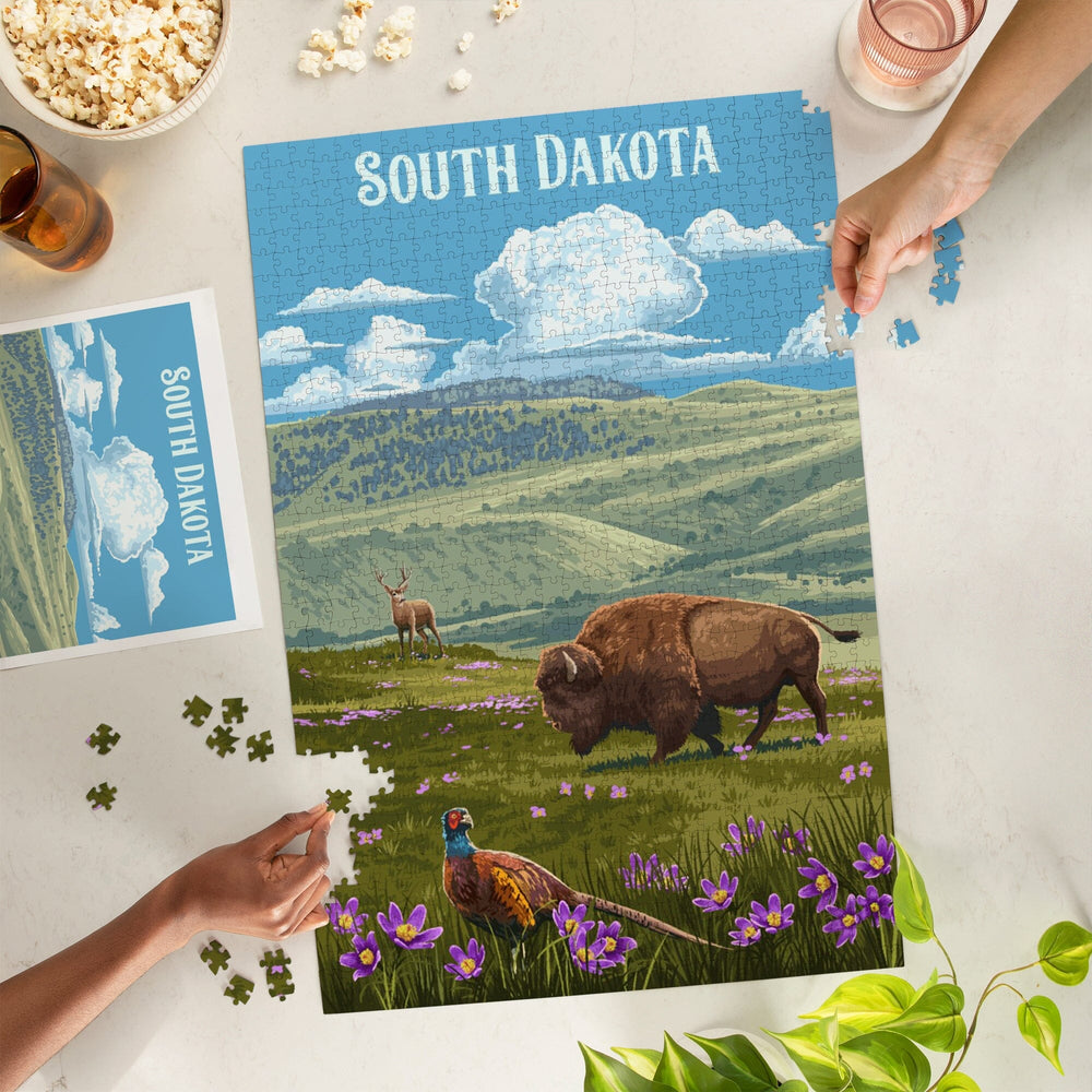 South Dakota, Painterly, Bison and Pheasant, Jigsaw Puzzle Puzzle Lantern Press 
