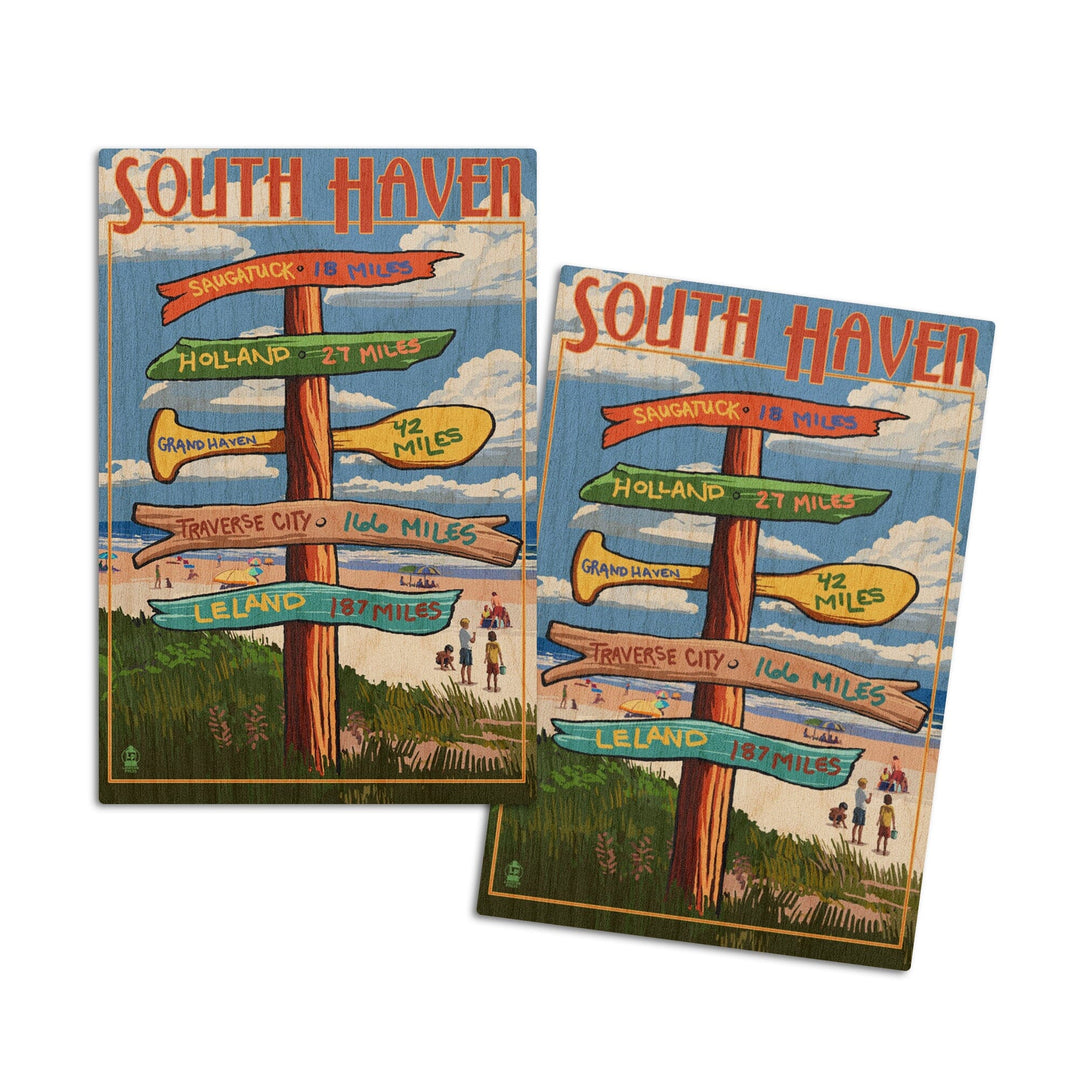 South Haven, Michigan, Destination Sign, Lantern Press Artwork, Wood Signs and Postcards Wood Lantern Press 4x6 Wood Postcard Set 