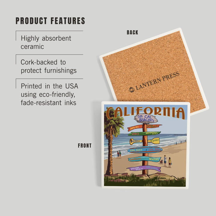 Southern California Beaches, Destinations Sign, Coasters Coasters Lantern Press 