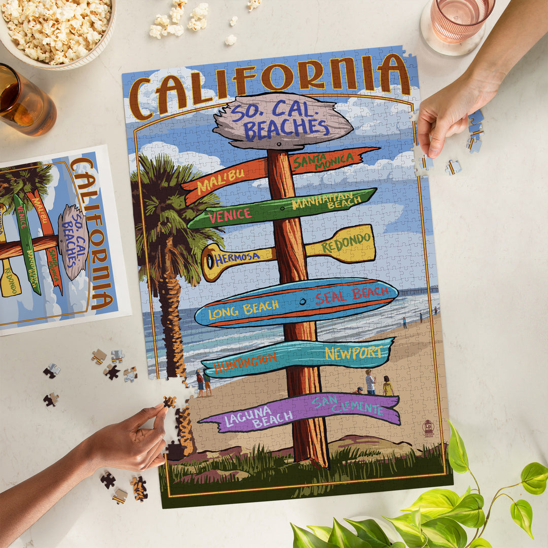 Southern California Beaches, Destinations Sign, Jigsaw Puzzle Puzzle Lantern Press 