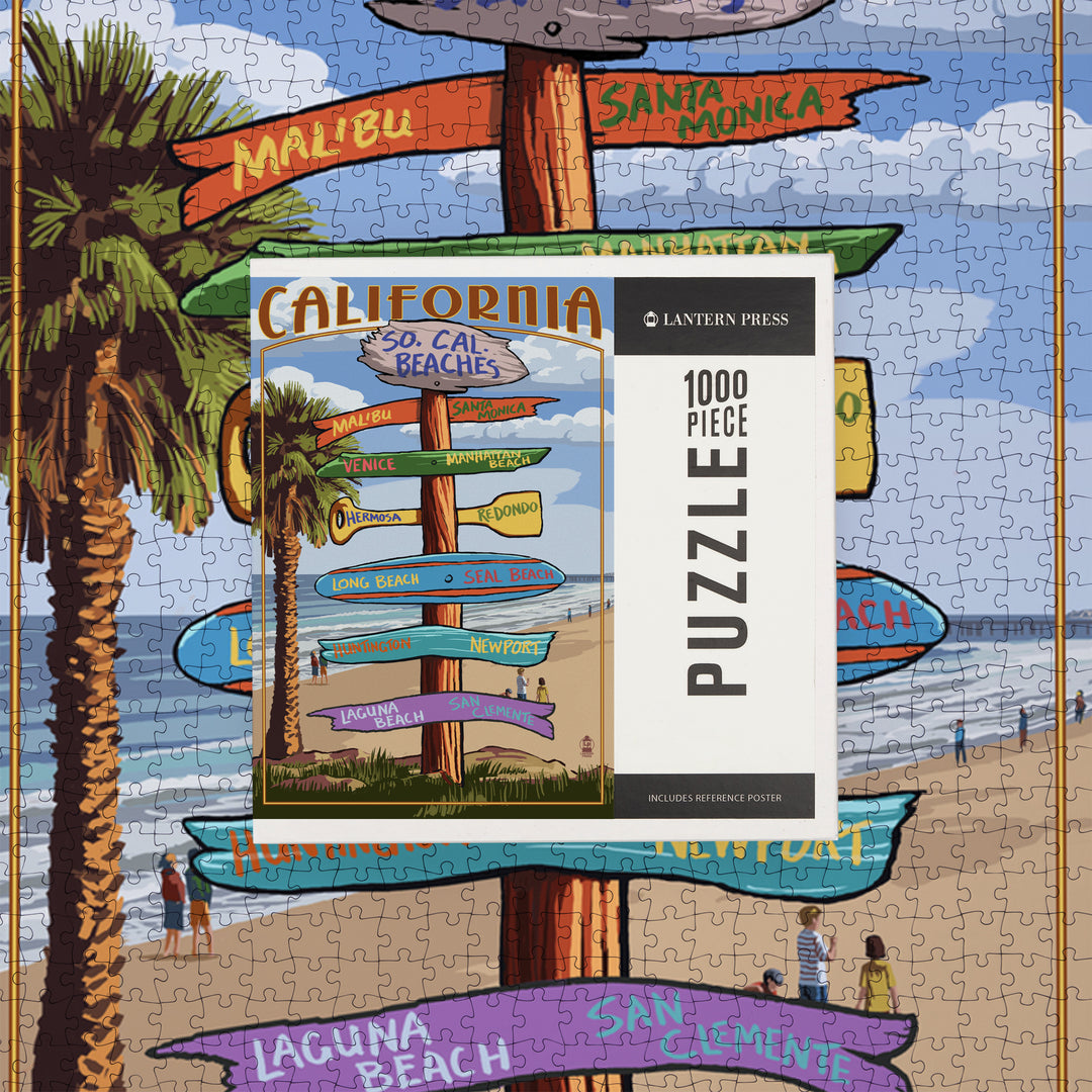 Southern California Beaches, Destinations Sign, Jigsaw Puzzle Puzzle Lantern Press 