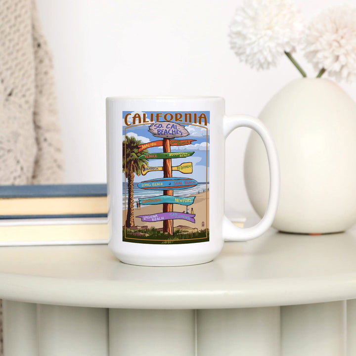 Southern California Beaches, Destinations Sign, Lantern Press Artwork, Ceramic Mug Mugs Lantern Press 