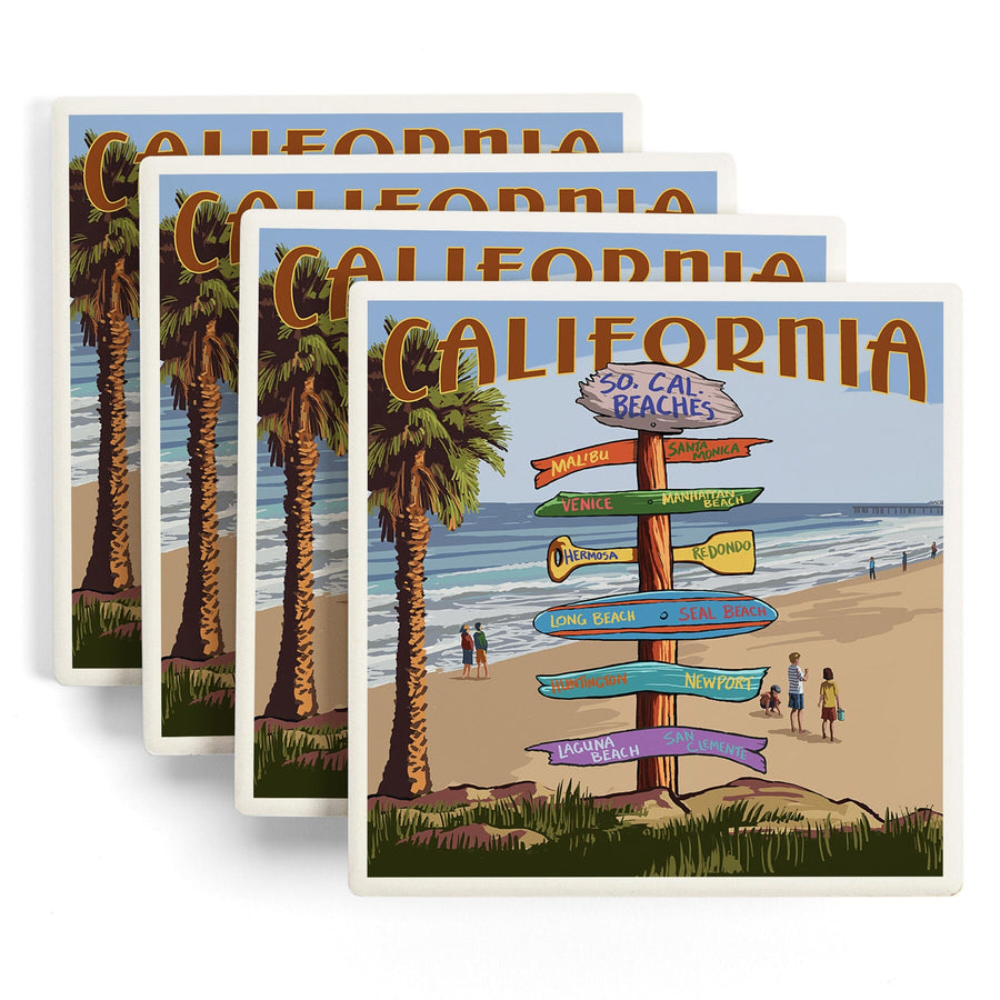 Southern California Beaches, Destinations Sign, Lantern Press Artwork, Coaster Set Coasters Lantern Press 