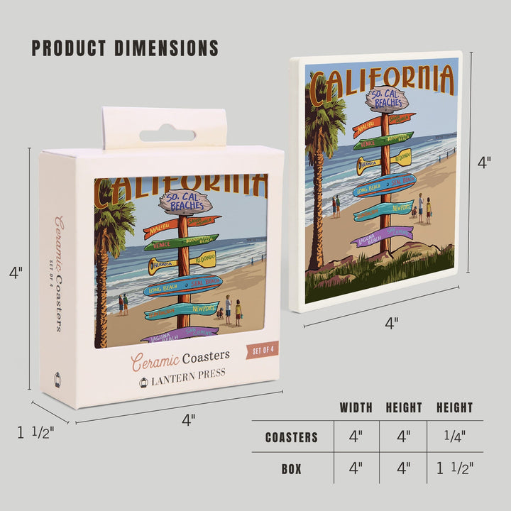 Southern California Beaches, Destinations Sign, Lantern Press Artwork, Coaster Set Coasters Lantern Press 