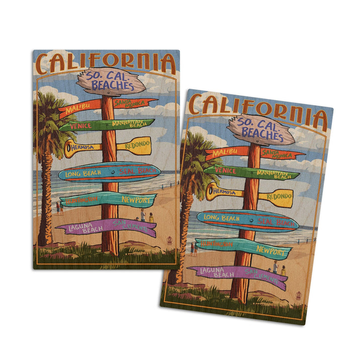 Southern California Beaches, Destinations Sign, Lantern Press Artwork, Wood Signs and Postcards Wood Lantern Press 4x6 Wood Postcard Set 
