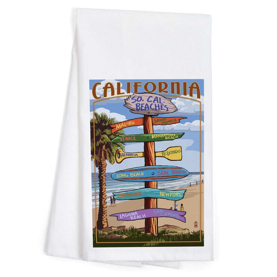 Southern California Beaches, Destinations Sign, Organic Cotton Kitchen Tea Towels Kitchen Lantern Press 
