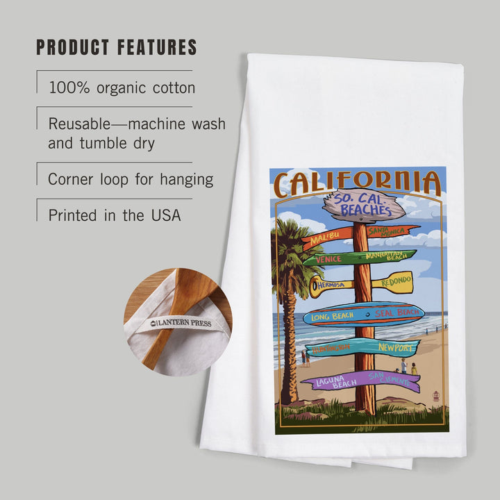 Southern California Beaches, Destinations Sign, Organic Cotton Kitchen Tea Towels Kitchen Lantern Press 