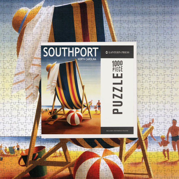 Southport, North Carolina, Beach Chair and Ball, Jigsaw Puzzle Puzzle Lantern Press 