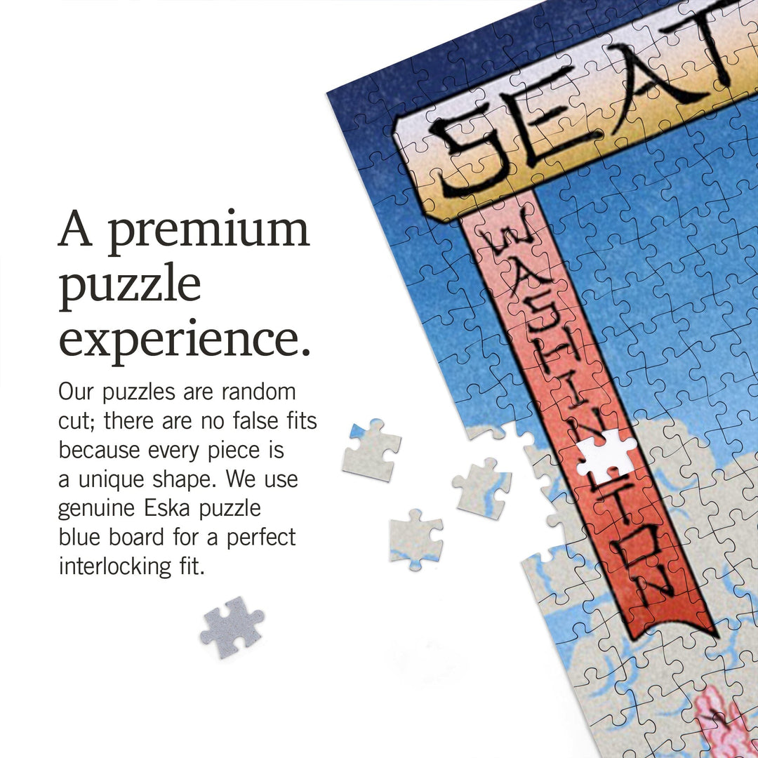 Space Needle, Cherry Blossoms Woodblock, Seattle, Washington, Jigsaw Puzzle Puzzle Lantern Press 