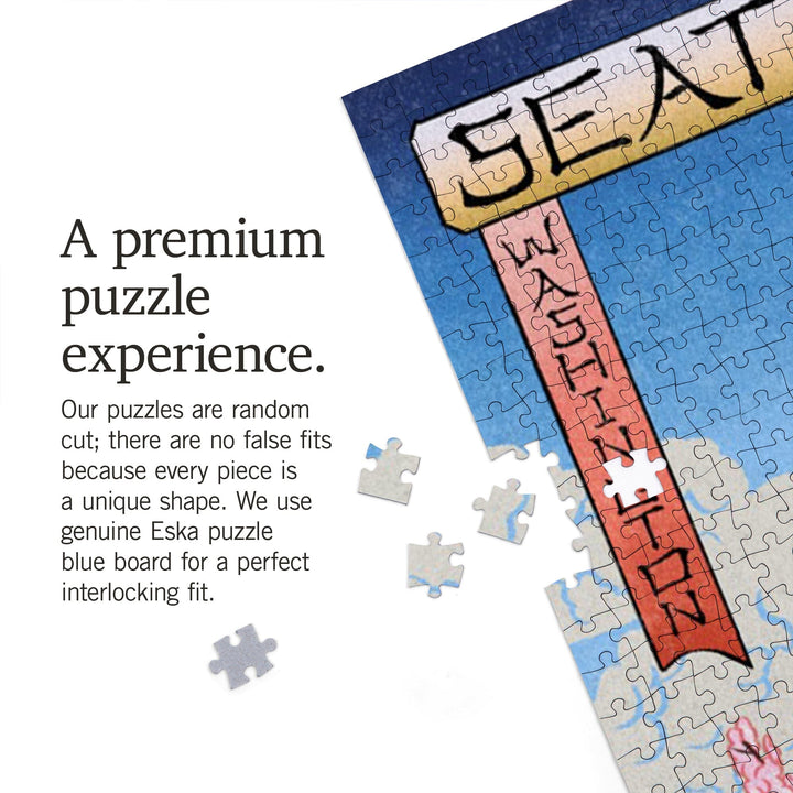 Space Needle, Cherry Blossoms Woodblock, Seattle, Washington, Jigsaw Puzzle Puzzle Lantern Press 