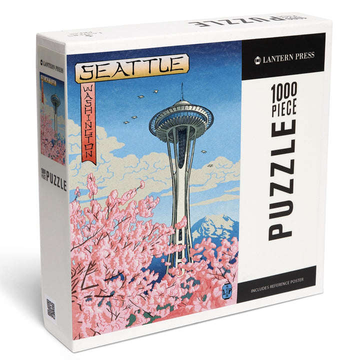 Space Needle, Cherry Blossoms Woodblock, Seattle, Washington, Jigsaw Puzzle Puzzle Lantern Press 