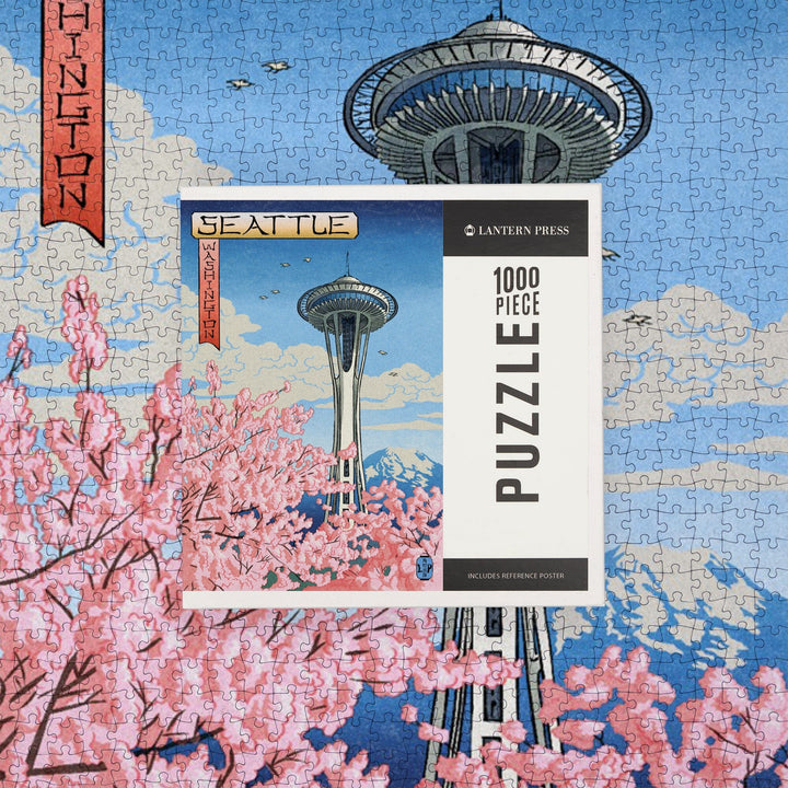 Space Needle, Cherry Blossoms Woodblock, Seattle, Washington, Jigsaw Puzzle Puzzle Lantern Press 