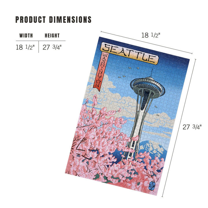 Space Needle, Cherry Blossoms Woodblock, Seattle, Washington, Jigsaw Puzzle Puzzle Lantern Press 