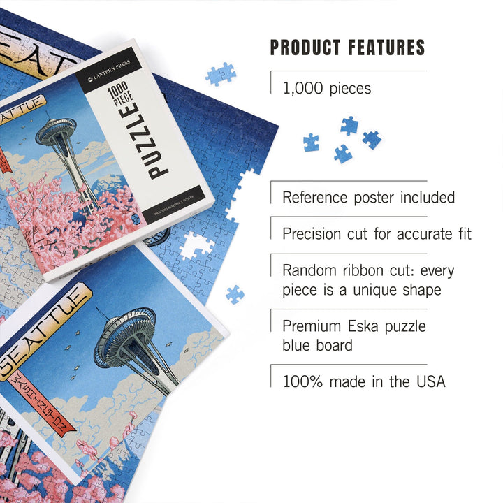 Space Needle, Cherry Blossoms Woodblock, Seattle, Washington, Jigsaw Puzzle Puzzle Lantern Press 