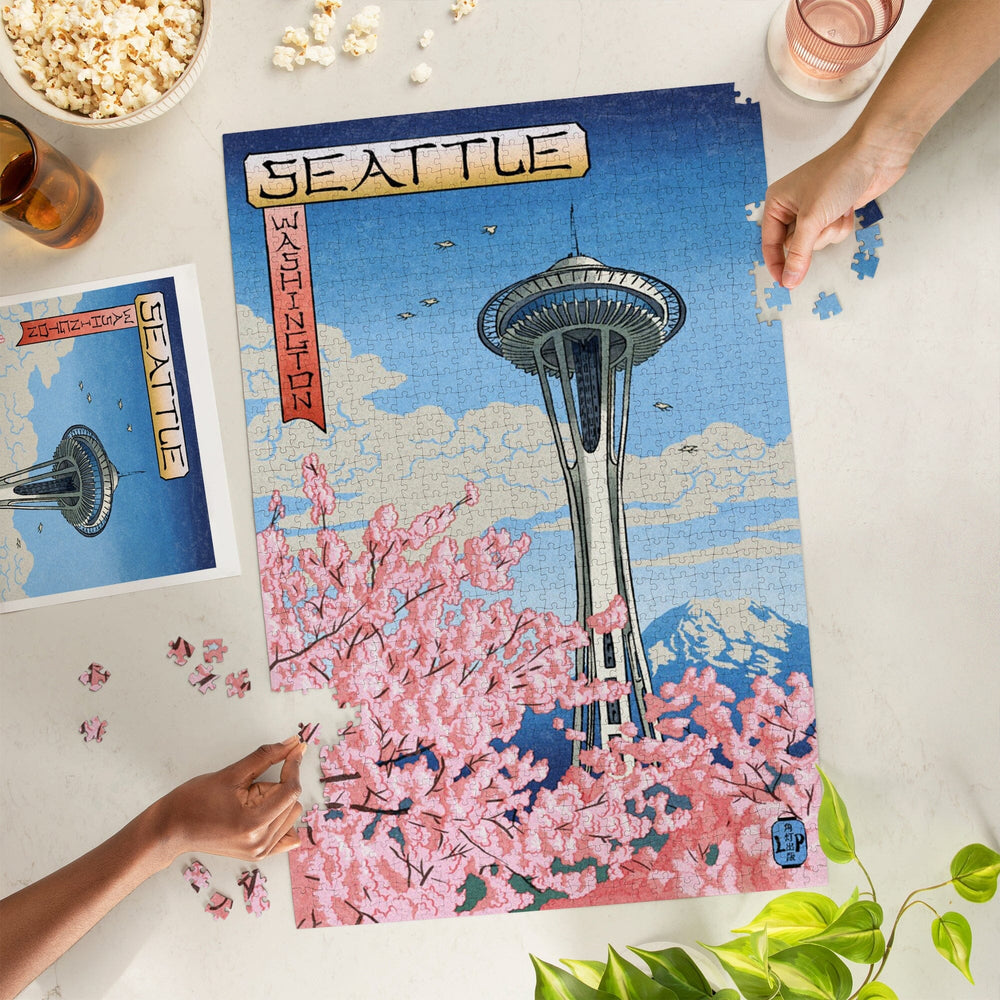 Space Needle, Cherry Blossoms Woodblock, Seattle, Washington, Jigsaw Puzzle Puzzle Lantern Press 