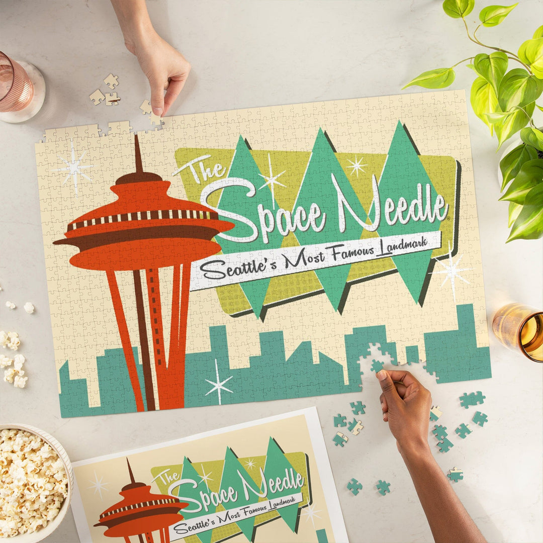 Space Needle, Mid Century Modern, Skyline and Sign, Jigsaw Puzzle Puzzle Lantern Press 