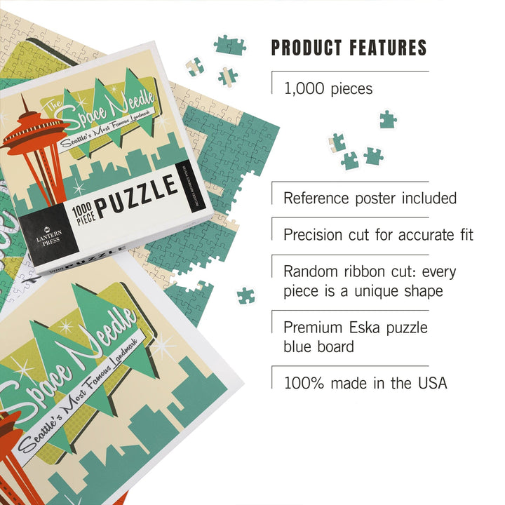 Space Needle, Mid Century Modern, Skyline and Sign, Jigsaw Puzzle Puzzle Lantern Press 