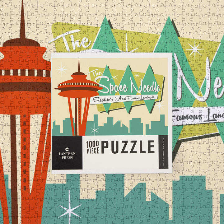 Space Needle, Mid Century Modern, Skyline and Sign, Jigsaw Puzzle Puzzle Lantern Press 