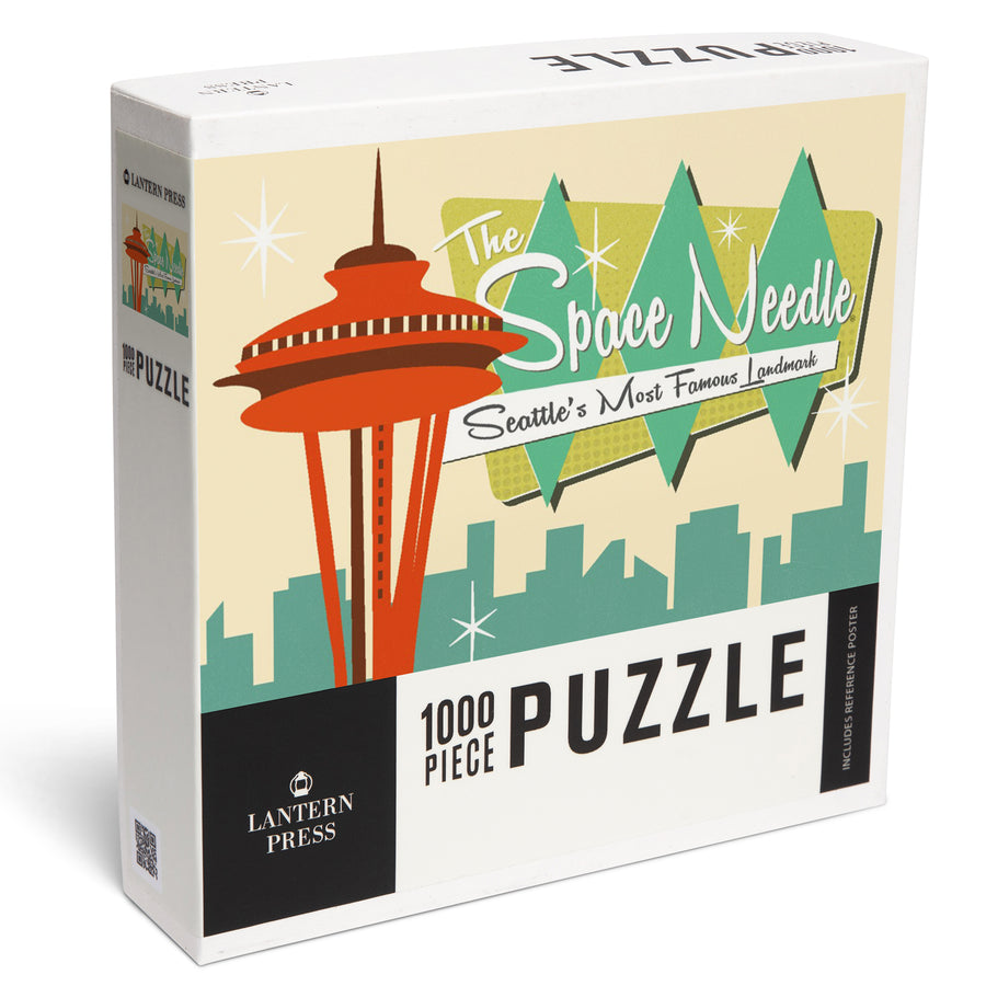 Space Needle, Mid Century Modern, Skyline and Sign, Jigsaw Puzzle Puzzle Lantern Press 