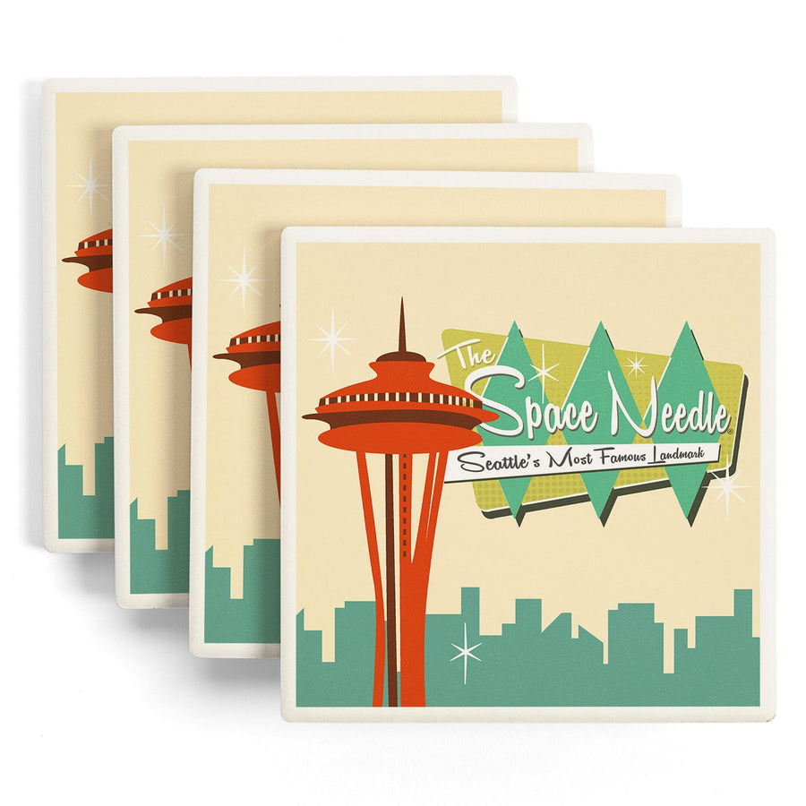 Space Needle, Mid Century Modern, Skyline and Sign, Lantern Press Artwork, Coaster Set Coasters Lantern Press 