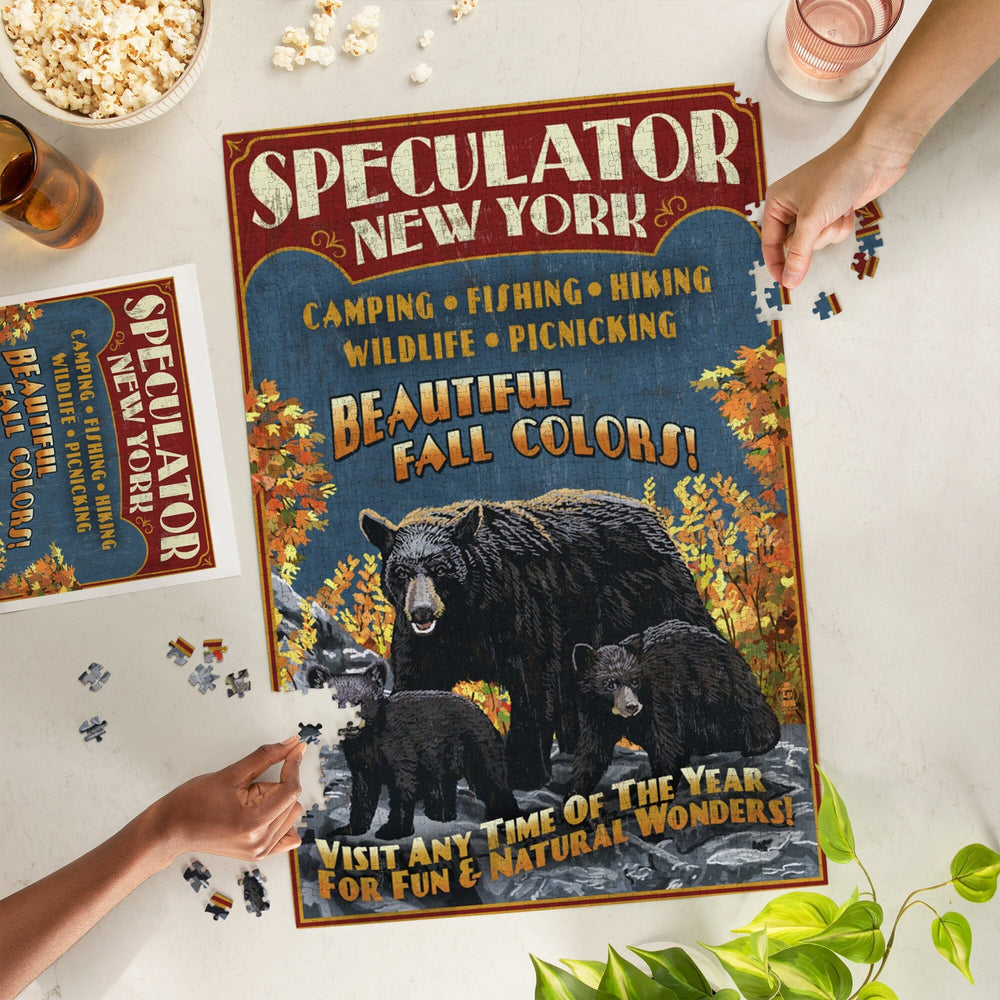 Speculator, New York, Black Bear Family Vintage Sign, Jigsaw Puzzle Puzzle Lantern Press 