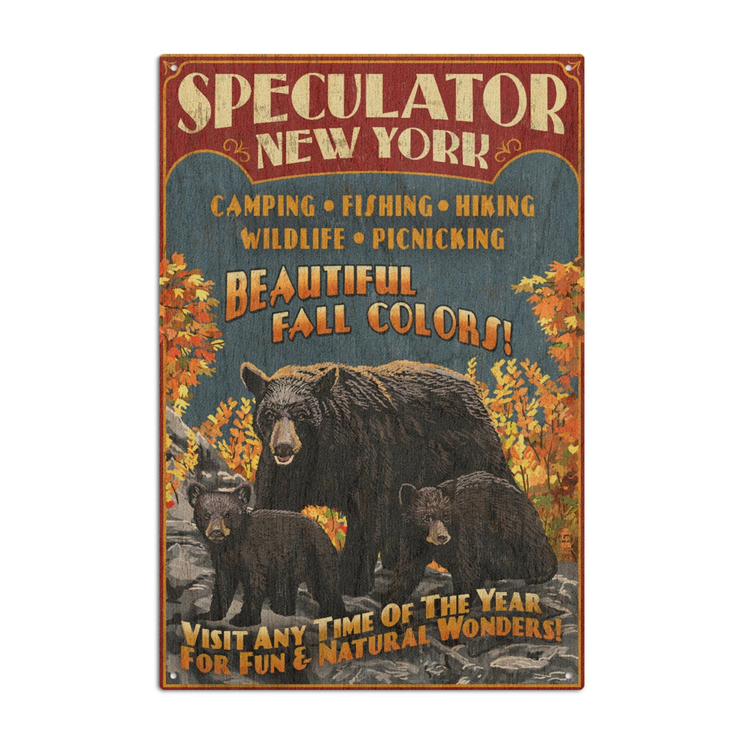 Speculator, New York, Black Bear Family Vintage Sign, Lantern Press Artwork, Wood Signs and Postcards Wood Lantern Press 10 x 15 Wood Sign 