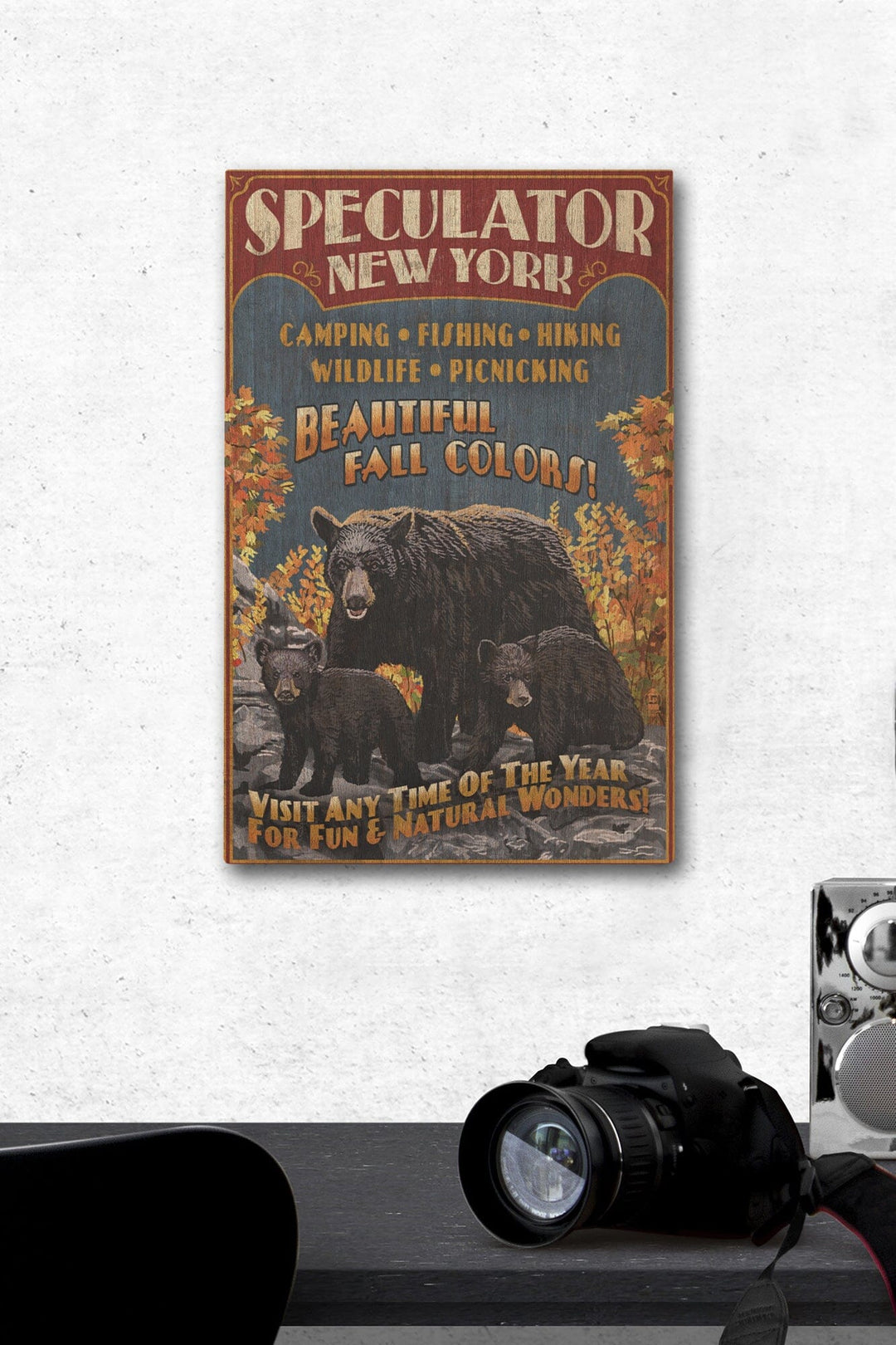 Speculator, New York, Black Bear Family Vintage Sign, Lantern Press Artwork, Wood Signs and Postcards Wood Lantern Press 12 x 18 Wood Gallery Print 