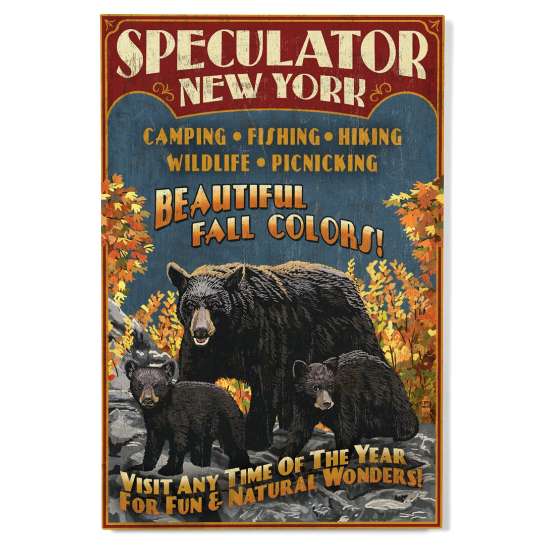 Speculator, New York, Black Bear Family Vintage Sign, Lantern Press Artwork, Wood Signs and Postcards Wood Lantern Press 