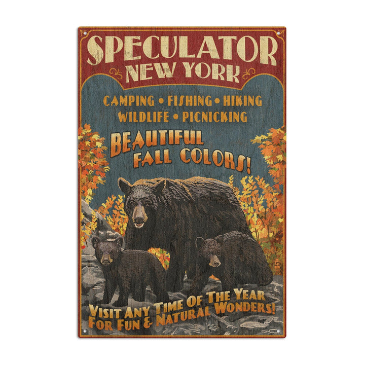 Speculator, New York, Black Bear Family Vintage Sign, Lantern Press Artwork, Wood Signs and Postcards Wood Lantern Press 6x9 Wood Sign 
