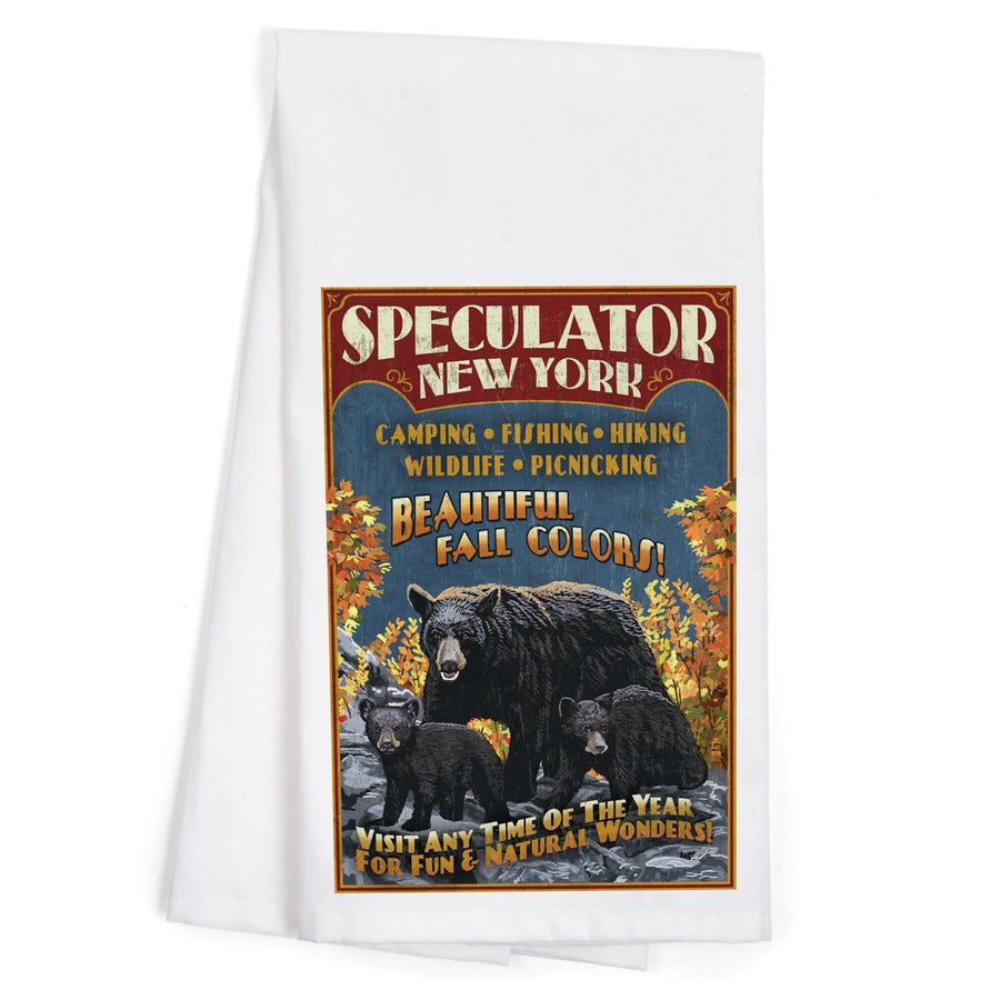 Speculator, New York, Black Bear Family Vintage Sign, Organic Cotton Kitchen Tea Towels Kitchen Lantern Press 