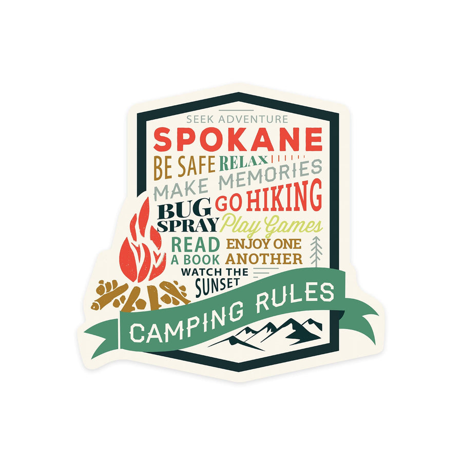 Spokane, Washington, Camping Rules, Contour, Vinyl Sticker Sticker Lantern Press 