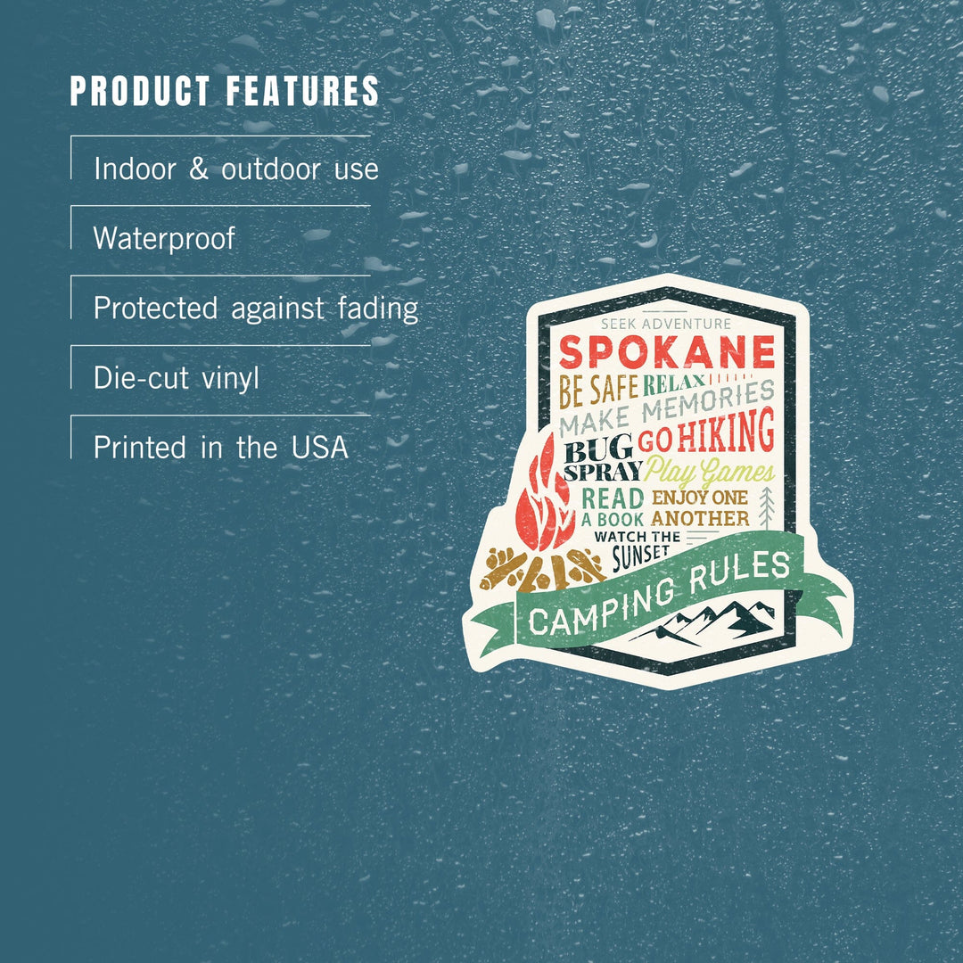 Spokane, Washington, Camping Rules, Contour, Vinyl Sticker Sticker Lantern Press 