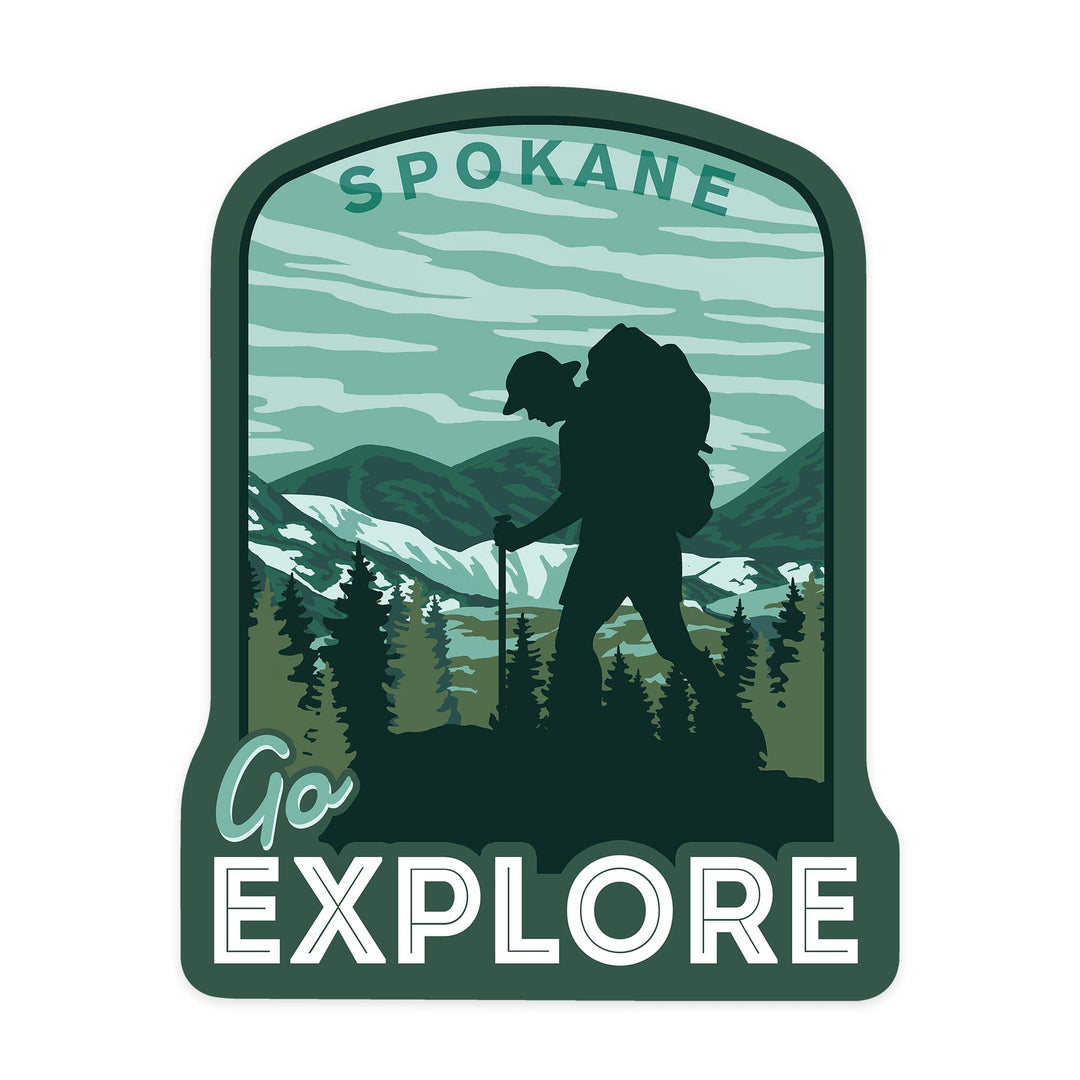 Spokane, Washington, Go Explore, Hiker, Contour, Lantern Press Artwork, Vinyl Sticker Sticker Lantern Press 